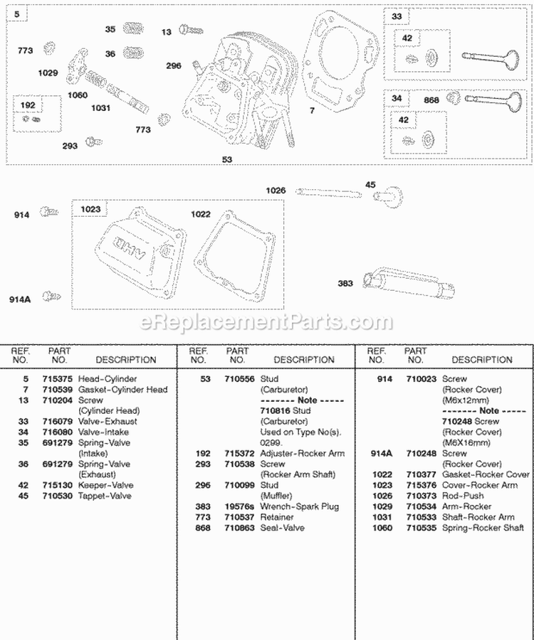 Cylinder Head Rocker Cover Diagram and Parts List for 245432-0083-01  Briggs and Stratton Engine